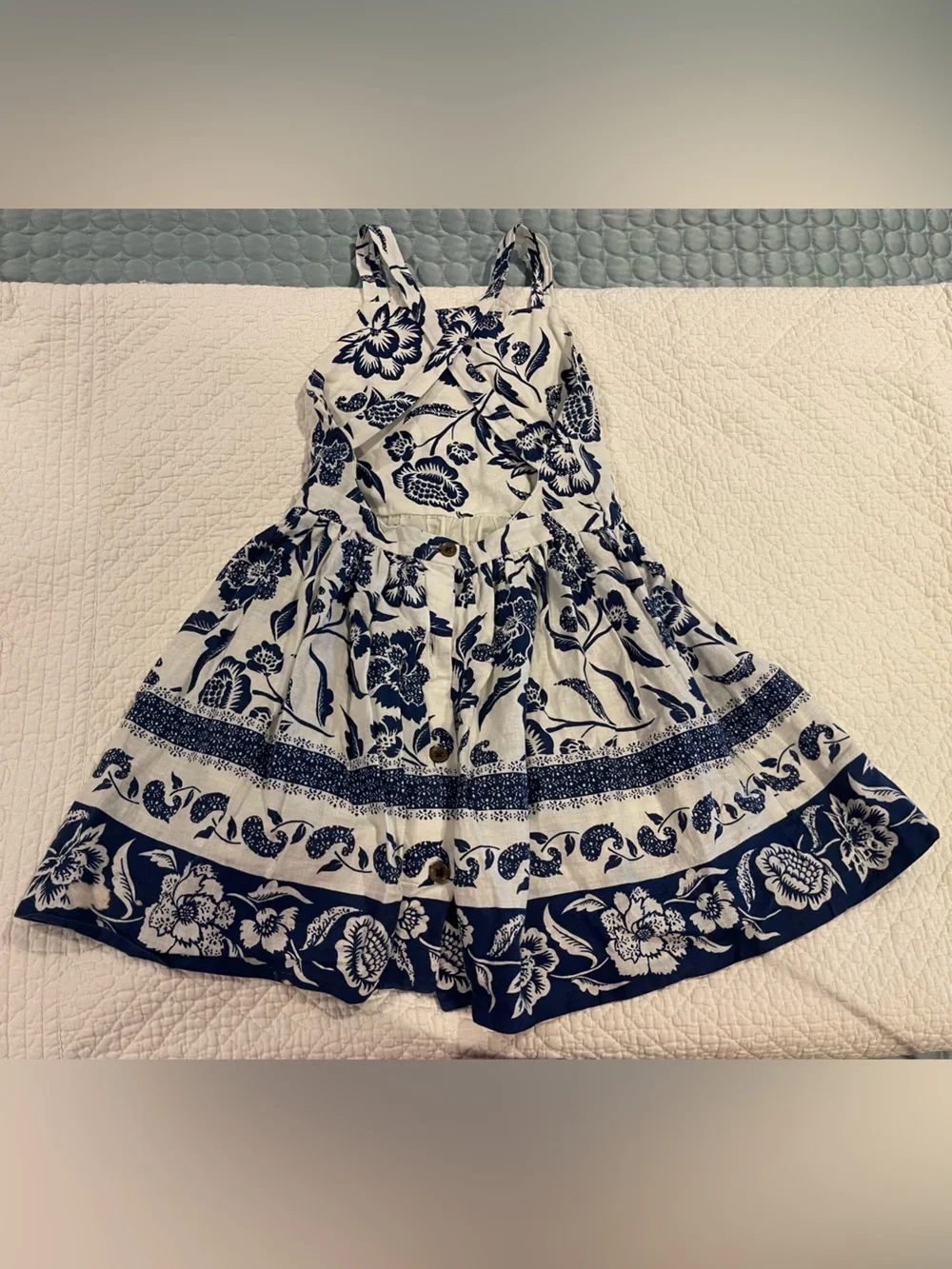 Polo Ralph Lauren White Navy Floral Summer Dress Linen Cotton Cross Low Back Sz5